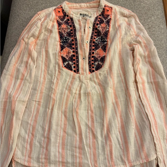 HOLDING HORSES Tops - Vintage Anthropologie HOLDING HORSES Embroidered Blouse - White Orange and Blue